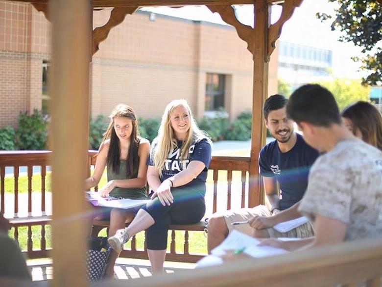 students sitting in gazebo